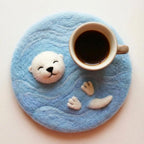 Wool Felt Seal Coaster, Needle Felted Animal Mug Mat, Round Natural Texture Table Decor