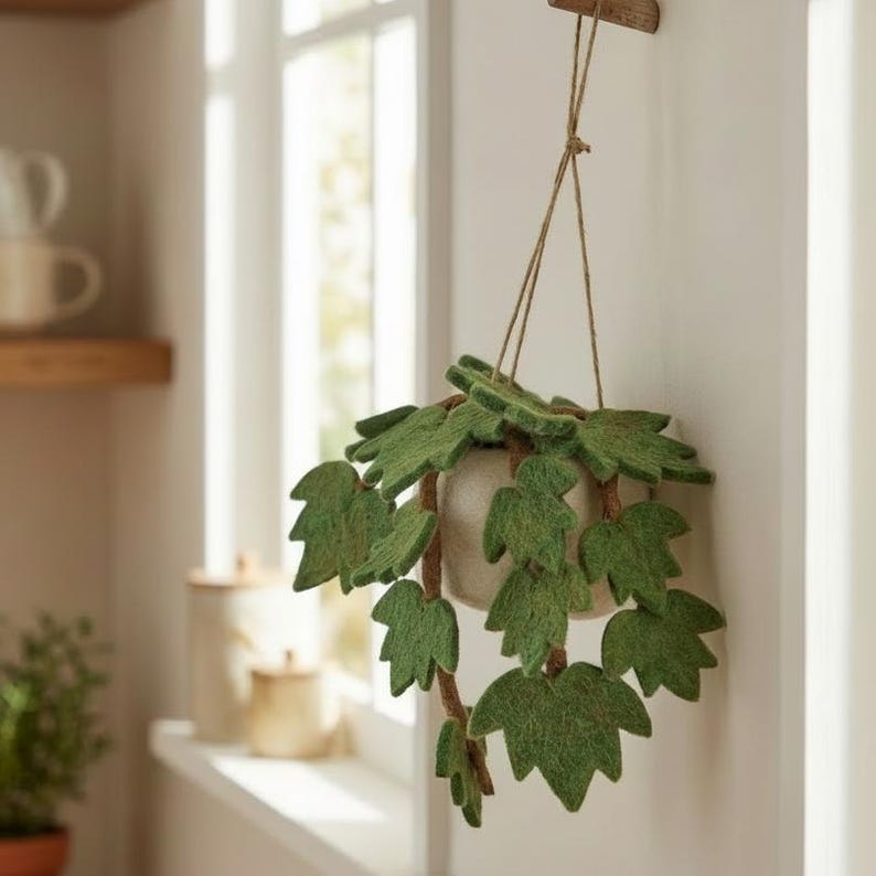 Handmade Felt English Ivy Hanging House Plant Decoration, Green, 18 x 7 cm