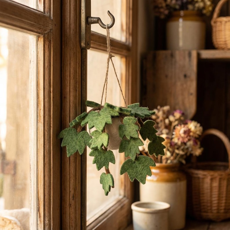 Handmade Felt English Ivy Hanging House Plant Decoration, Green, 18 x 7 cm