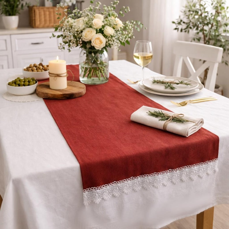 Burnt Orange Linen Table Runner with White Lace Trim – 2-Inch Lace – Farmhouse Dining, Wedding Reception, Everyday Use