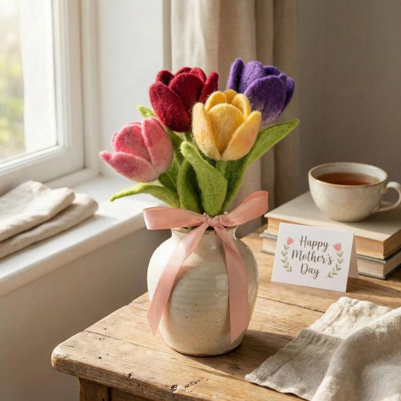 Handmade Needle Felted Wool Flower Bouquet - Forever Flowers for Vase Decor, Floral Gift