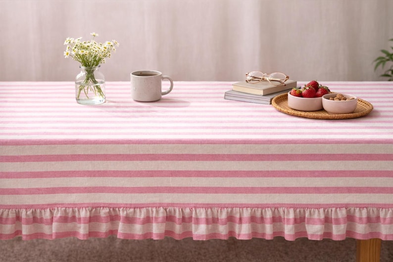 Striped Linen Tablecloth | Farmhouse Dining Table Cover | Rustic Cotton-Linen Table Linen for Rectangular Square Round Tables