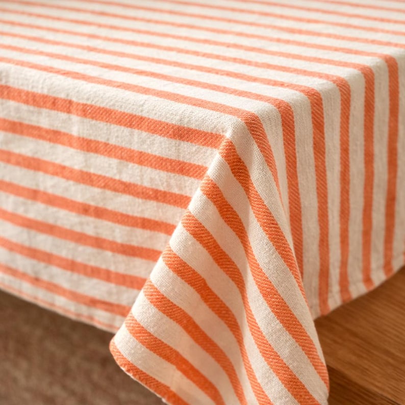 Striped Linen Tablecloth | Farmhouse Dining Table Cover | Rustic Cotton-Linen Table Linen for Rectangular Square Round Tables