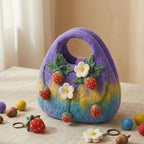 Handmade Wool Felt Strawberry Tote Bag with 3D Floral Appliques, Blue-Purple, 26x20 cm