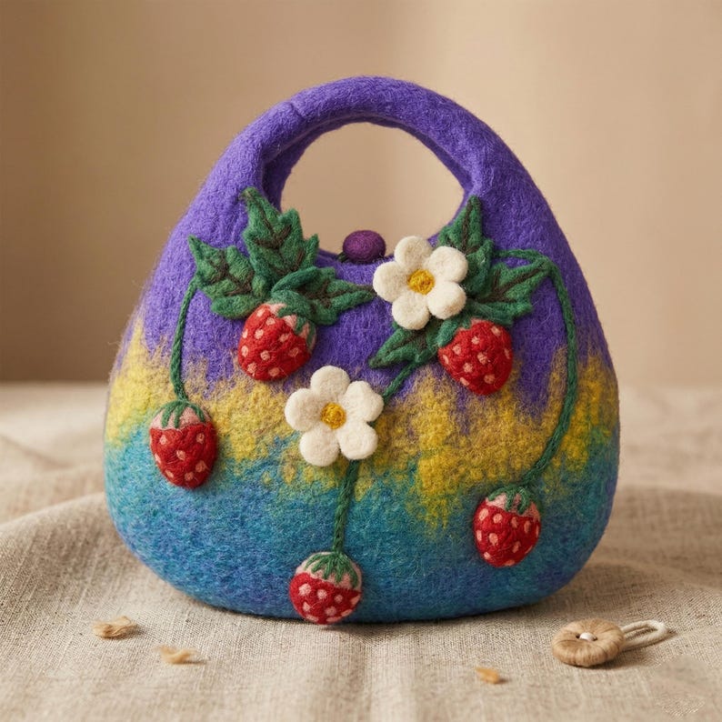 Handmade Wool Felt Strawberry Tote Bag with 3D Floral Appliques, Blue-Purple, 26x20 cm