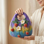 Handmade Wool Felt Strawberry Tote Bag with 3D Floral Appliques, Blue-Purple, 26x20 cm