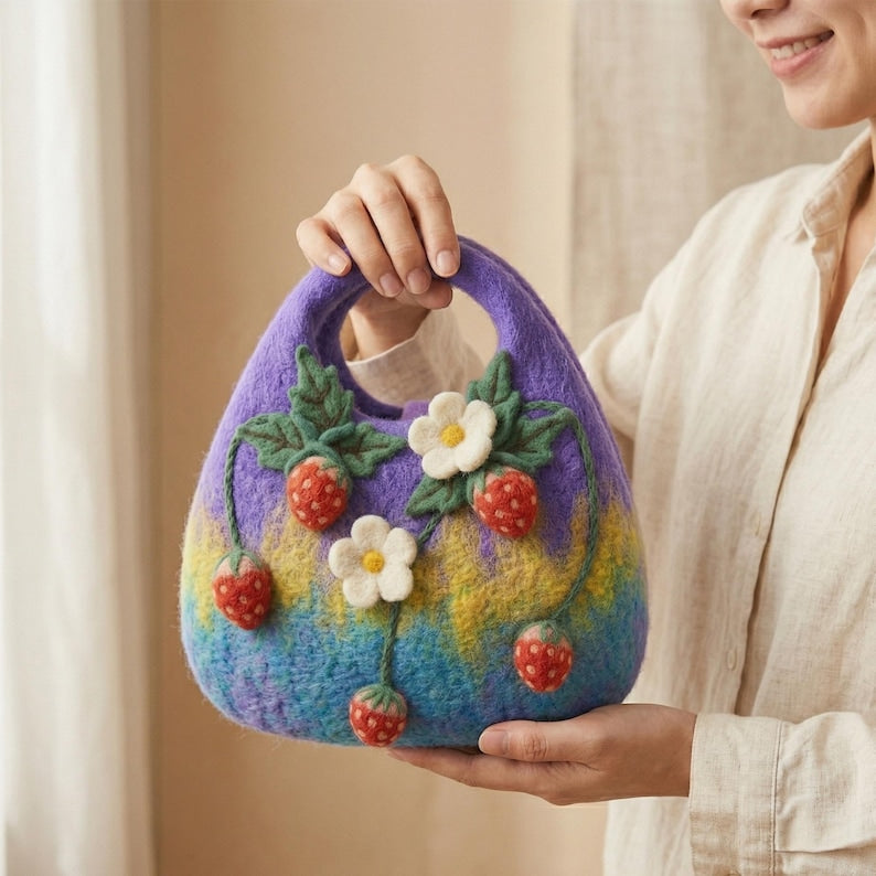 Handmade Wool Felt Strawberry Tote Bag with 3D Floral Appliques, Blue-Purple, 26x20 cm