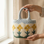 Wool Felt Flower Tote Bag Handmade Needle Felted Floral Purse Blue 38x28 cm