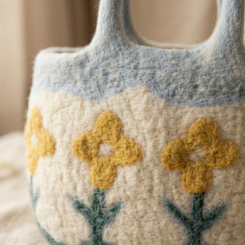 Wool Felt Flower Tote Bag Handmade Needle Felted Floral Purse Blue 38x28 cm