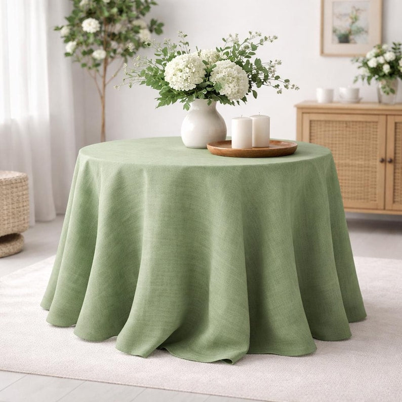 Sage Green Round Linen Tablecloth for Wedding, Washed Linen Table Cloth, 40 Colors, Rectangular Square Oval Round