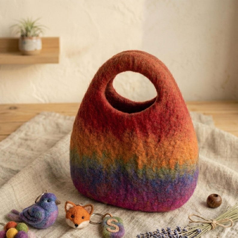 Handmade Wool Felt Rainbow Tote Bag - Colorful Striped Artisan Handbag, 29 x 20 cm