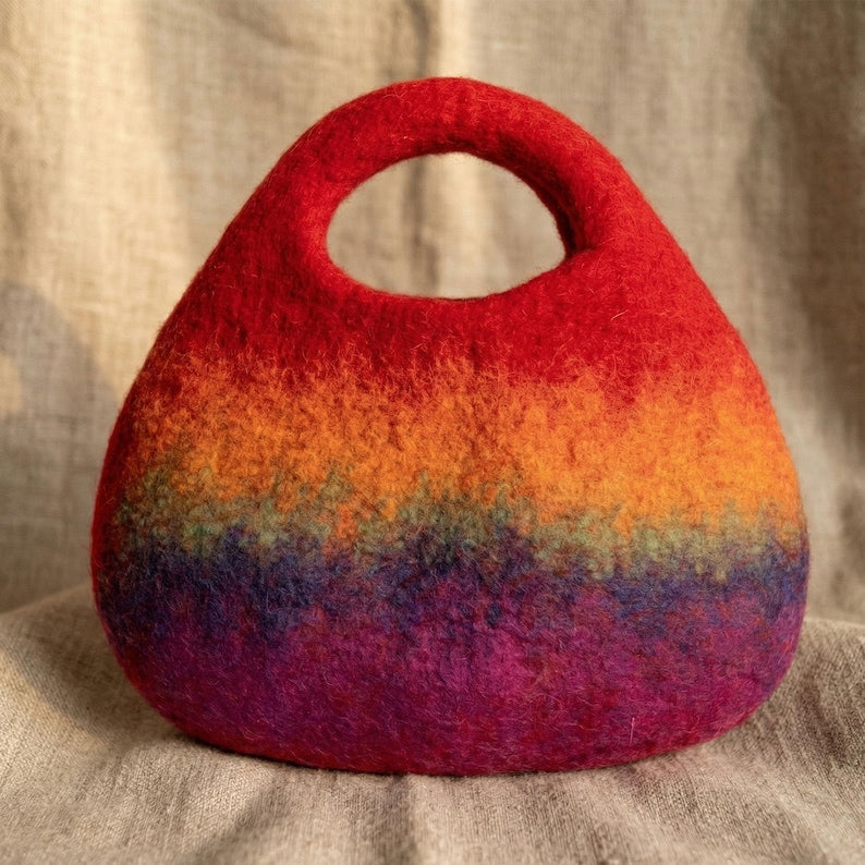 Handmade Wool Felt Rainbow Tote Bag - Colorful Striped Artisan Handbag, 29 x 20 cm