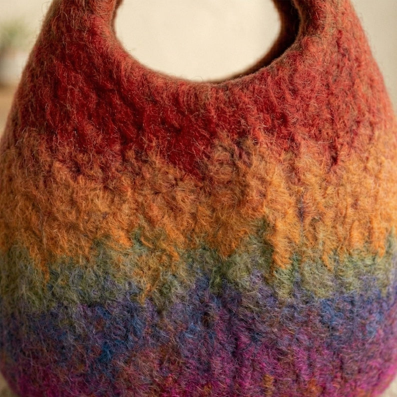 Handmade Wool Felt Rainbow Tote Bag - Colorful Striped Artisan Handbag, 29 x 20 cm