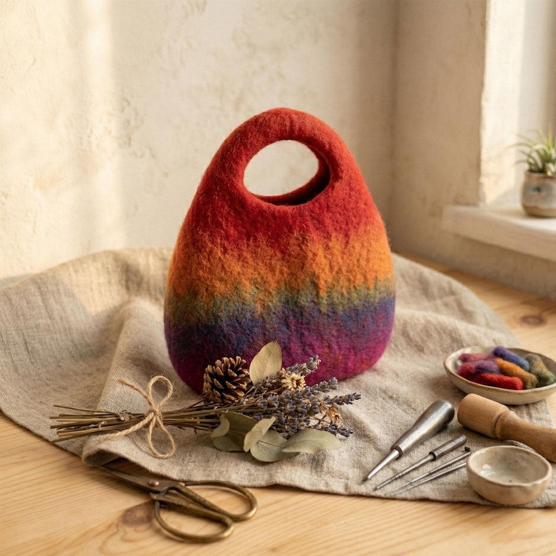 Handmade Wool Felt Rainbow Tote Bag - Colorful Striped Artisan Handbag, 29 x 20 cm
