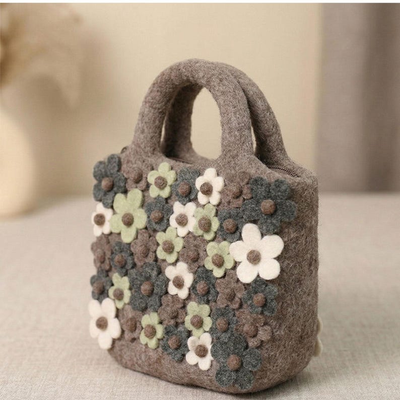 Wool Felt Flower Tote Bag with Zipper, Needle Felted Brown Handbag, 23 x 23 cm