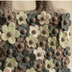 Wool Felt Flower Tote Bag with Zipper, Needle Felted Brown Handbag, 23 x 23 cm