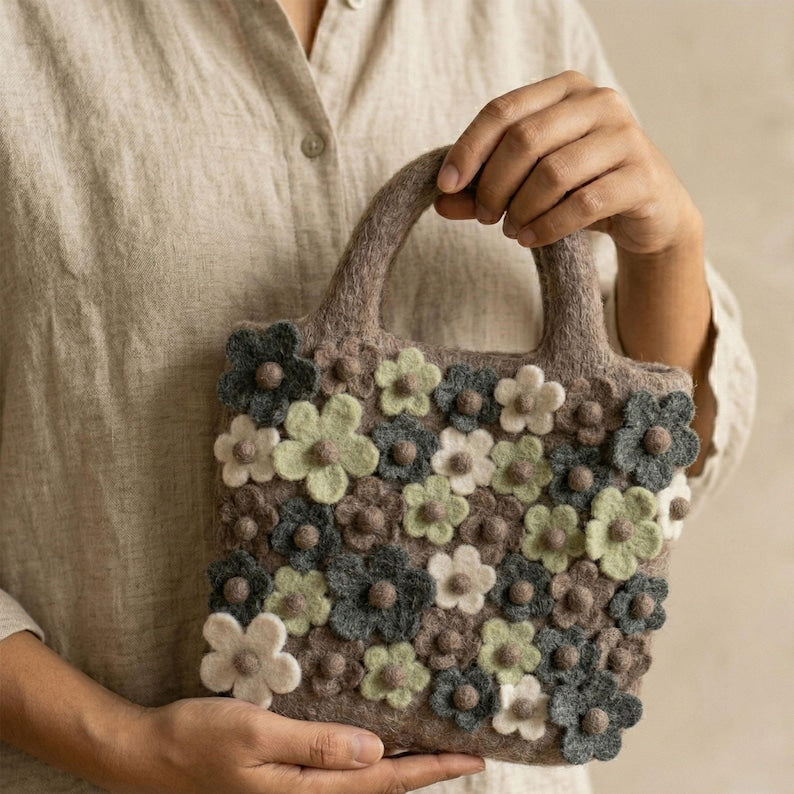 Wool Felt Flower Tote Bag with Zipper, Needle Felted Brown Handbag, 23 x 23 cm