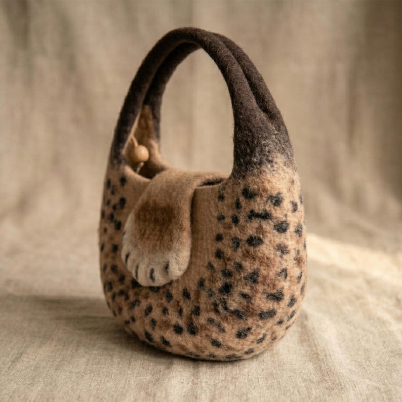 Handmade Wool Felt Leopard Print Tote Bag with Cat Paw Handles, 37x27 cm
