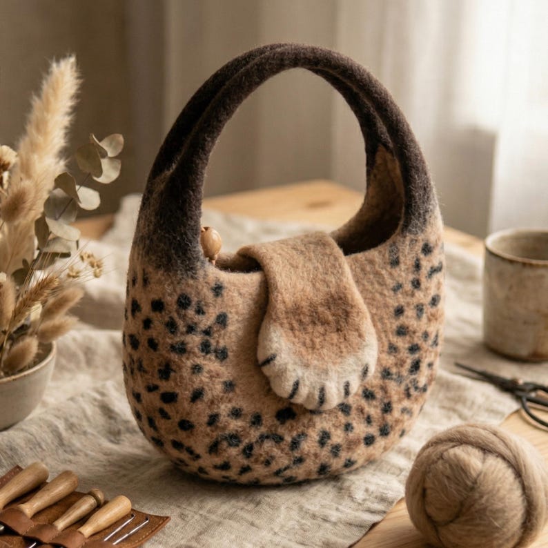 Handmade Wool Felt Leopard Print Tote Bag with Cat Paw Handles, 37x27 cm