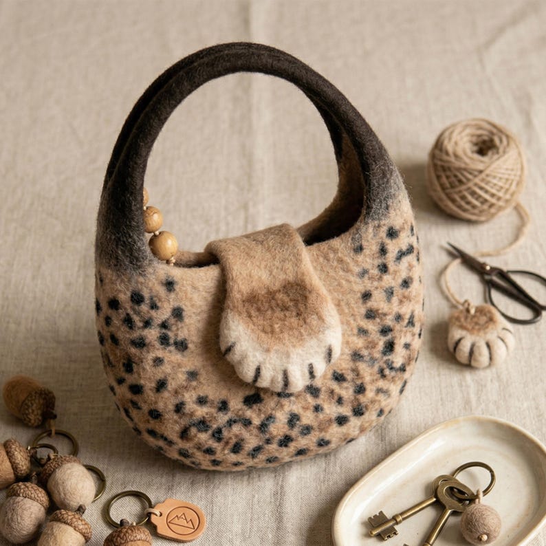 Handmade Wool Felt Leopard Print Tote Bag with Cat Paw Handles, 37x27 cm
