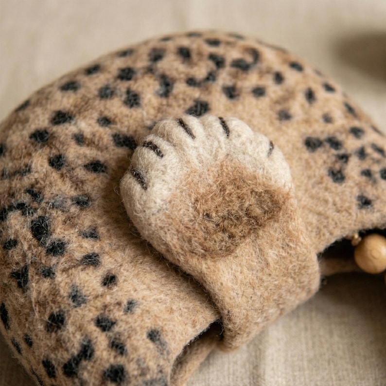 Handmade Wool Felt Leopard Print Tote Bag with Cat Paw Handles, 37x27 cm