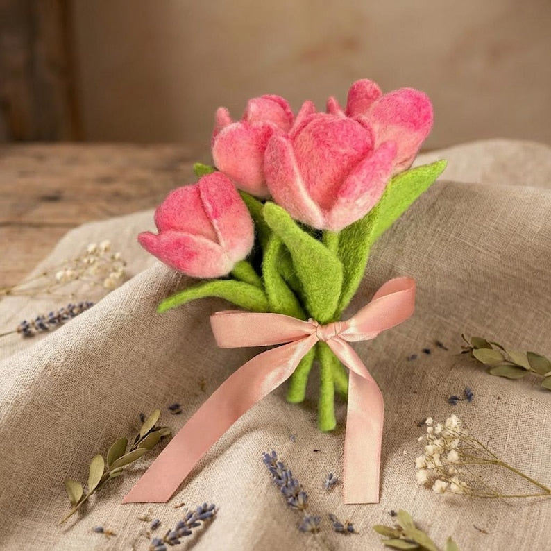 Handmade Needle Felted Wool Flower Bouquet - Forever Flowers for Vase Decor, Floral Gift