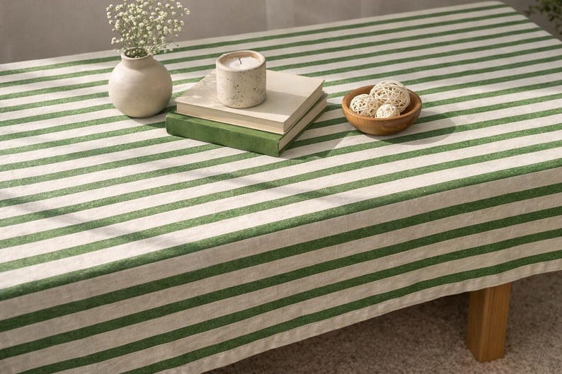 Striped Linen Tablecloth | Farmhouse Dining Table Cover | Rustic Cotton-Linen Table Linen for Rectangular Square Round Tables