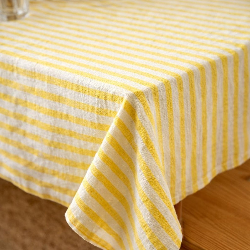 Striped Linen Tablecloth | Farmhouse Dining Table Cover | Rustic Cotton-Linen Table Linen for Rectangular Square Round Tables