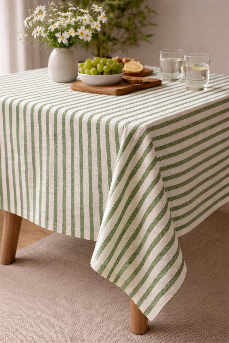 Striped Linen Tablecloth | Farmhouse Dining Table Cover | Rustic Cotton-Linen Table Linen for Rectangular Square Round Tables