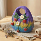 Handmade Wool Felt Strawberry Tote Bag with 3D Floral Appliques, Blue-Purple, 26x20 cm