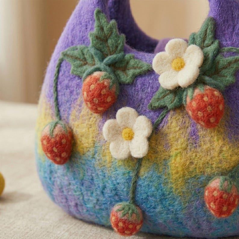 Handmade Wool Felt Strawberry Tote Bag with 3D Floral Appliques, Blue-Purple, 26x20 cm