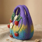 Handmade Wool Felt Strawberry Tote Bag with 3D Floral Appliques, Blue-Purple, 26x20 cm