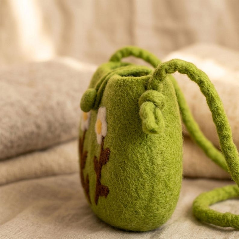 Handmade Wool Felt Shoulder Bag with Needle Felted White Flowers, Green Floral Pouch, 6.7 x 5.9 in