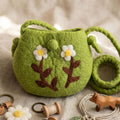 Handmade Wool Felt Shoulder Bag with Needle Felted White Flowers, Green Floral Pouch, 6.7 x 5.9 in
