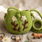 Handmade Wool Felt Shoulder Bag with Needle Felted White Flowers, Green Floral Pouch, 6.7 x 5.9 in