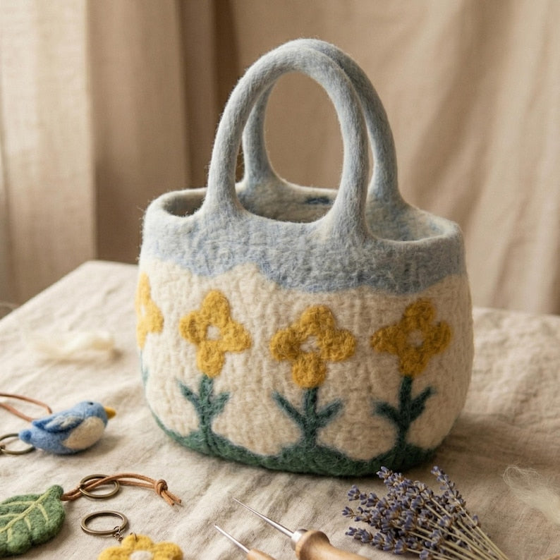 Wool Felt Flower Tote Bag Handmade Needle Felted Floral Purse Blue 38x28 cm