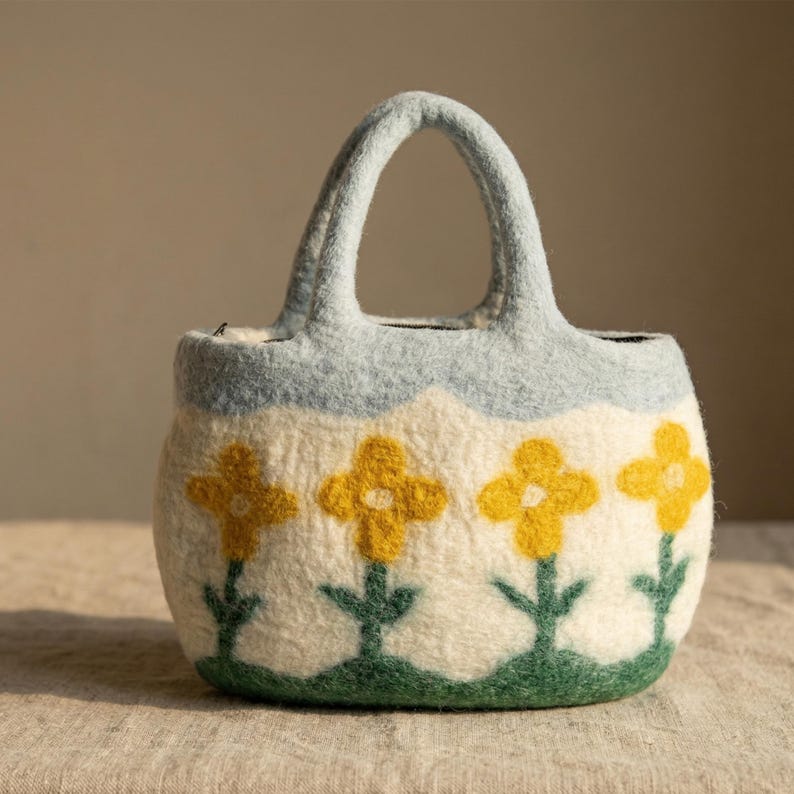 Wool Felt Flower Tote Bag Handmade Needle Felted Floral Purse Blue 38x28 cm