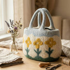Wool Felt Flower Tote Bag Handmade Needle Felted Floral Purse Blue 38x28 cm