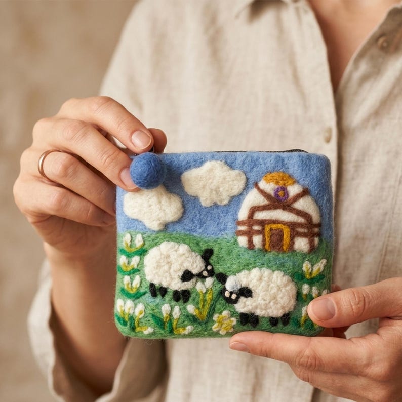 Wool Felt Animal Coin Purse, Needle Felted Sheep Hedgehog Pouch, 6.3x4.9 Inch