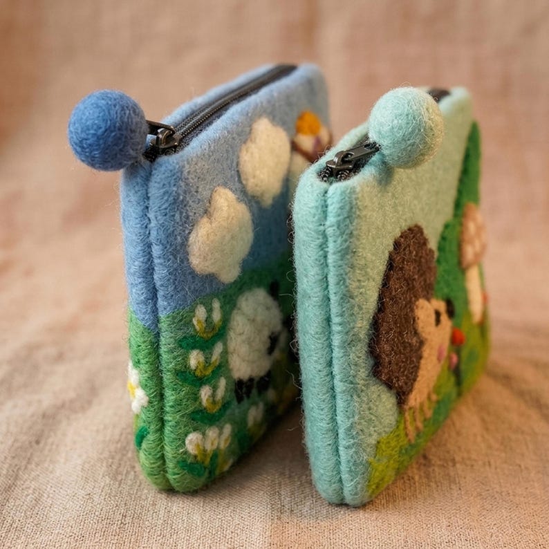 Wool Felt Animal Coin Purse, Needle Felted Sheep Hedgehog Pouch, 6.3x4.9 Inch