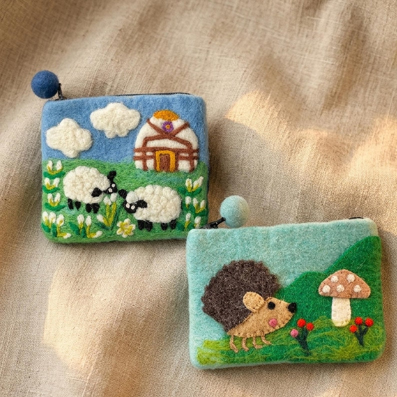 Wool Felt Animal Coin Purse, Needle Felted Sheep Hedgehog Pouch, 6.3x4.9 Inch