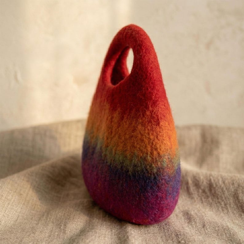 Handmade Wool Felt Rainbow Tote Bag - Colorful Striped Artisan Handbag, 29 x 20 cm