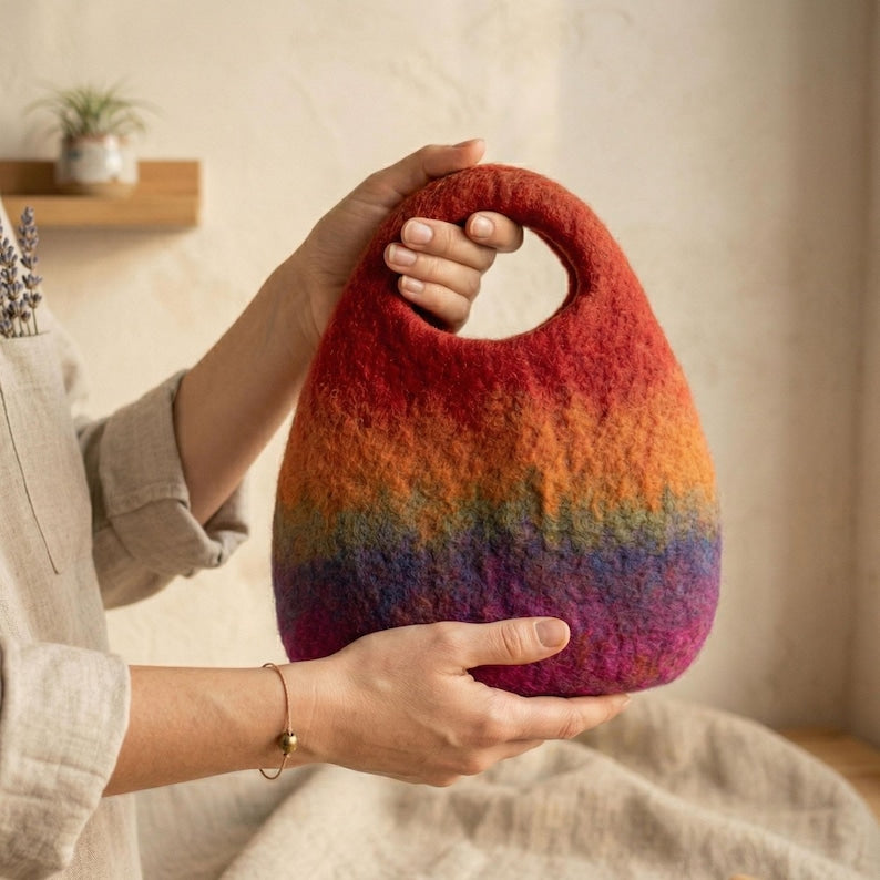Handmade Wool Felt Rainbow Tote Bag - Colorful Striped Artisan Handbag, 29 x 20 cm