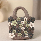 Wool Felt Flower Tote Bag with Zipper, Needle Felted Brown Handbag, 23 x 23 cm