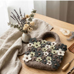 Wool Felt Flower Tote Bag with Zipper, Needle Felted Brown Handbag, 23 x 23 cm