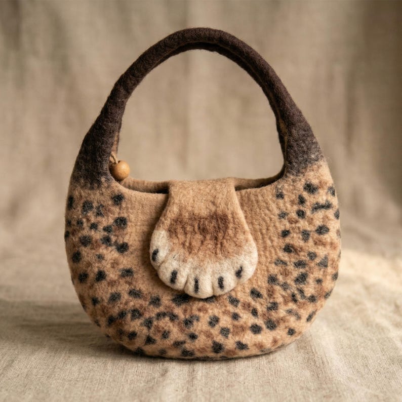 Handmade Wool Felt Leopard Print Tote Bag with Cat Paw Handles, 37x27 cm