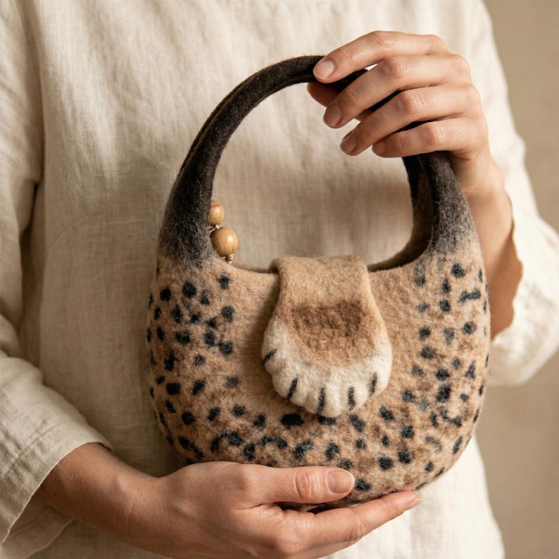 Handmade Wool Felt Leopard Print Tote Bag with Cat Paw Handles, 37x27 cm