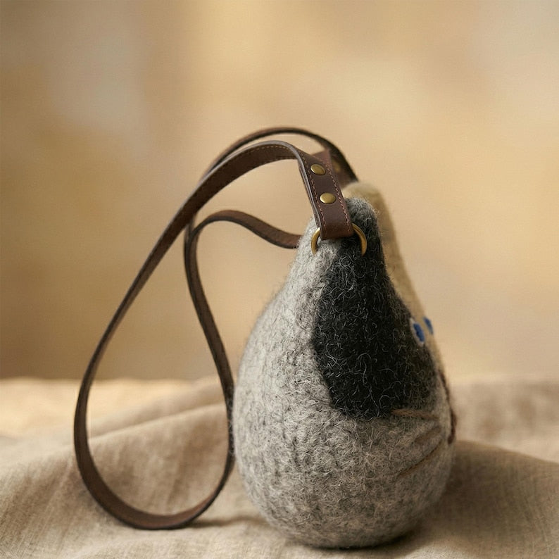 Handmade Wool Felt Cat Shoulder Bag, Dark Grey Needle Felted Kitty Purse, 20 x 20 cm