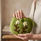Handmade Wool Felt Shoulder Bag with Needle Felted White Flowers, Green Floral Pouch, 6.7 x 5.9 in