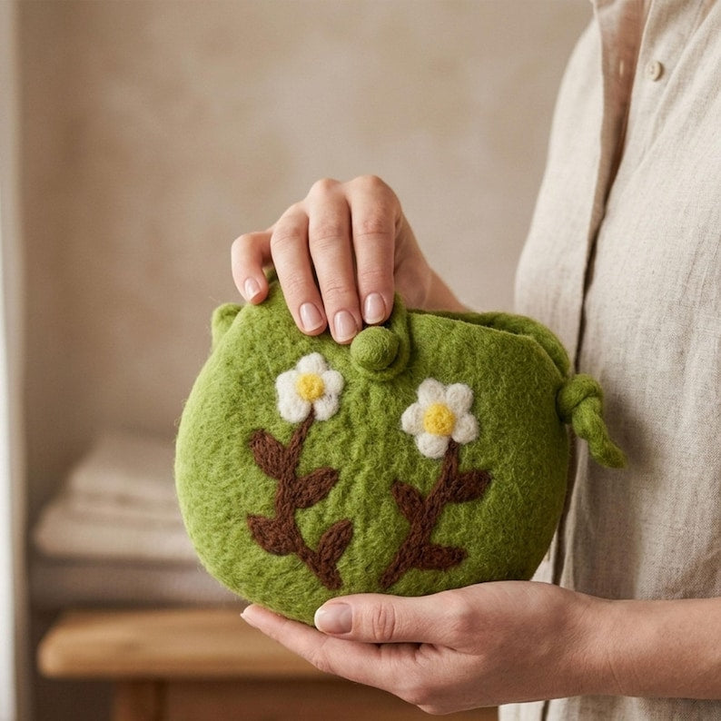 Handmade Wool Felt Shoulder Bag with Needle Felted White Flowers, Green Floral Pouch, 6.7 x 5.9 in